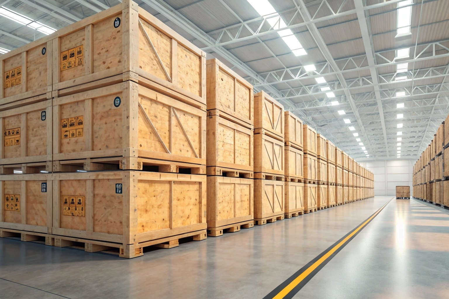 Large warehouse interior with stacked wooden shipping crates ready for global logistics distribution