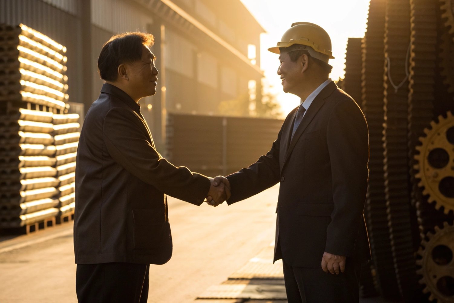 Successful Industrial Partnership Two industrial professionals shaking hands in front of a factory at sunset.