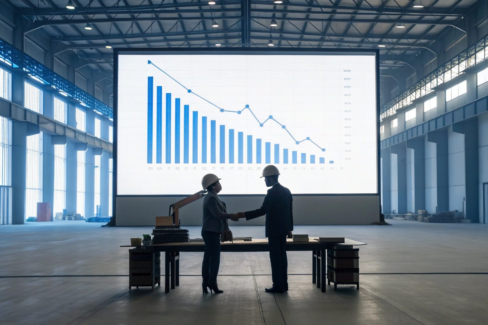 Two engineers shaking hands in front of a data growth chart in a factory.