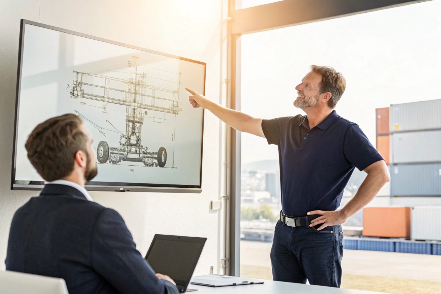 Technical presentation showing detailed mechanical drawings on a large screen in a boardroom.