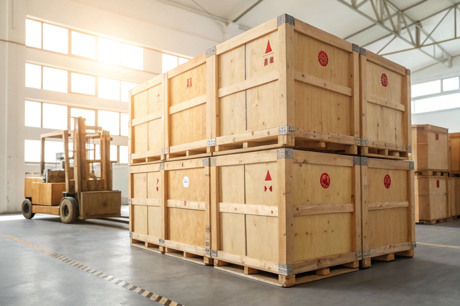 Stacked large wooden shipping crates in a warehouse with a forklift in the background