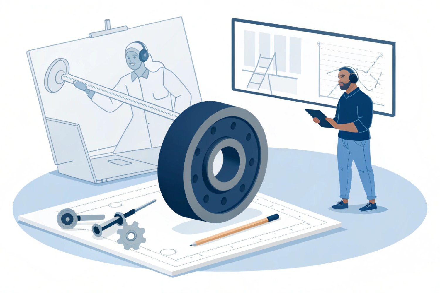 Illustration of engineers collaborating on technical mechanical design and data analysis for industrial parts