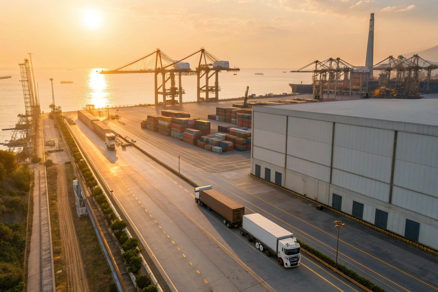 Logistics Container Port Sunset Aerial view of cargo trucks departing a busy container terminal port at sunset