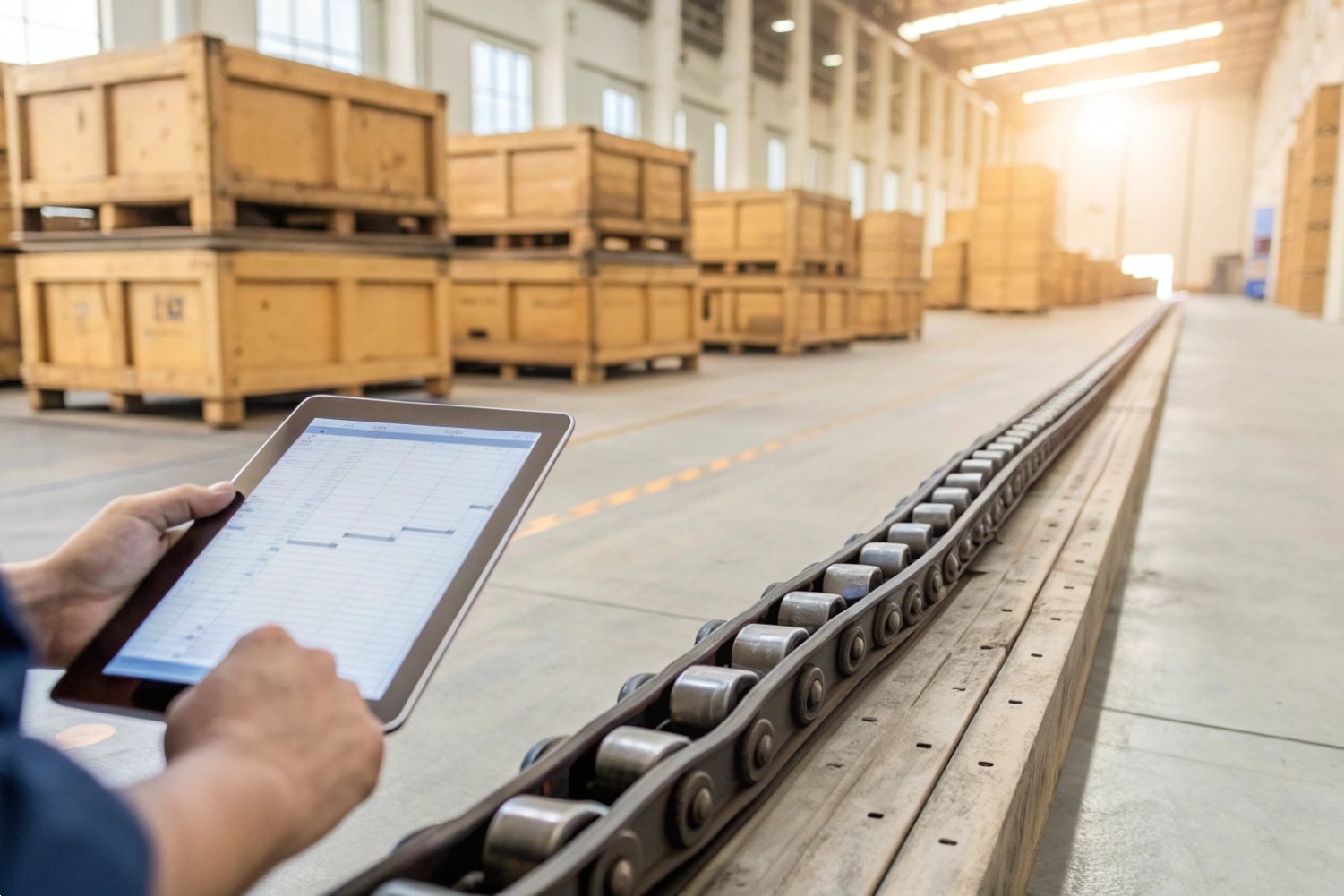 Worker using digital tablet for inventory tracking in a large shipping warehouse facility