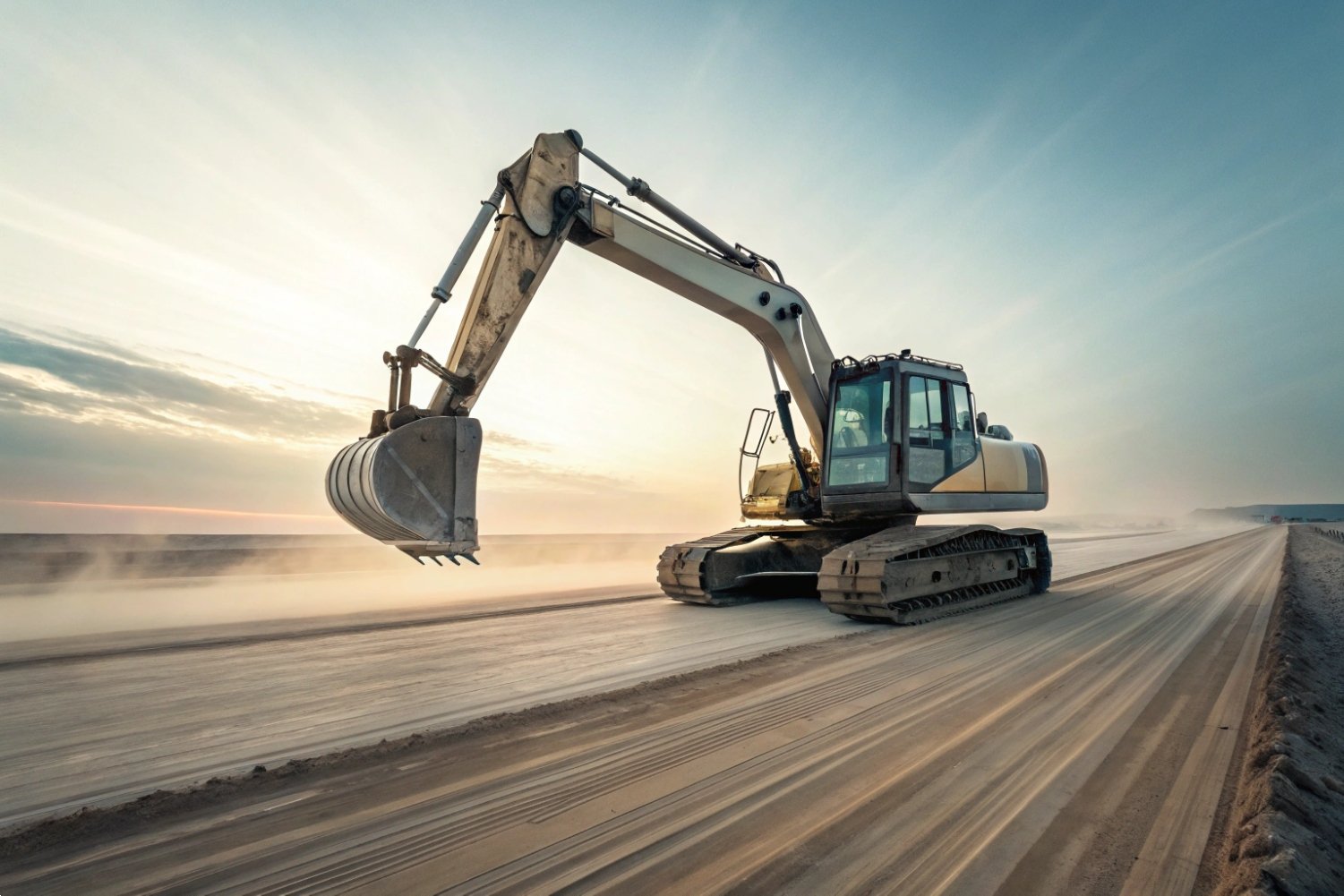Excavator Earthmoving Construction Project Heavy-duty excavator operating on a large-scale construction site during golden hour sunset