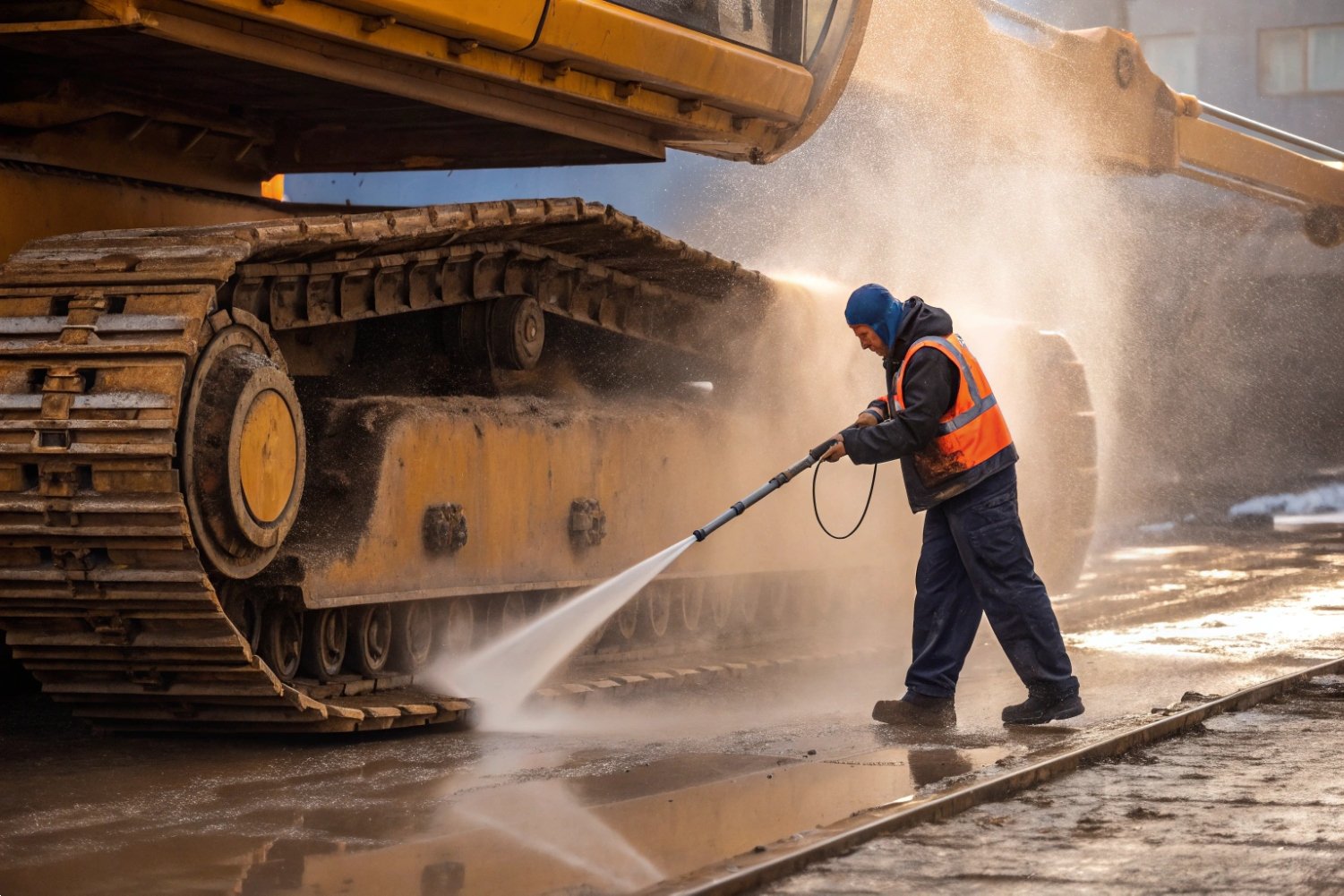 Construction worker using high-pressure water spray to clean heavy excavator tracks and undercarriage