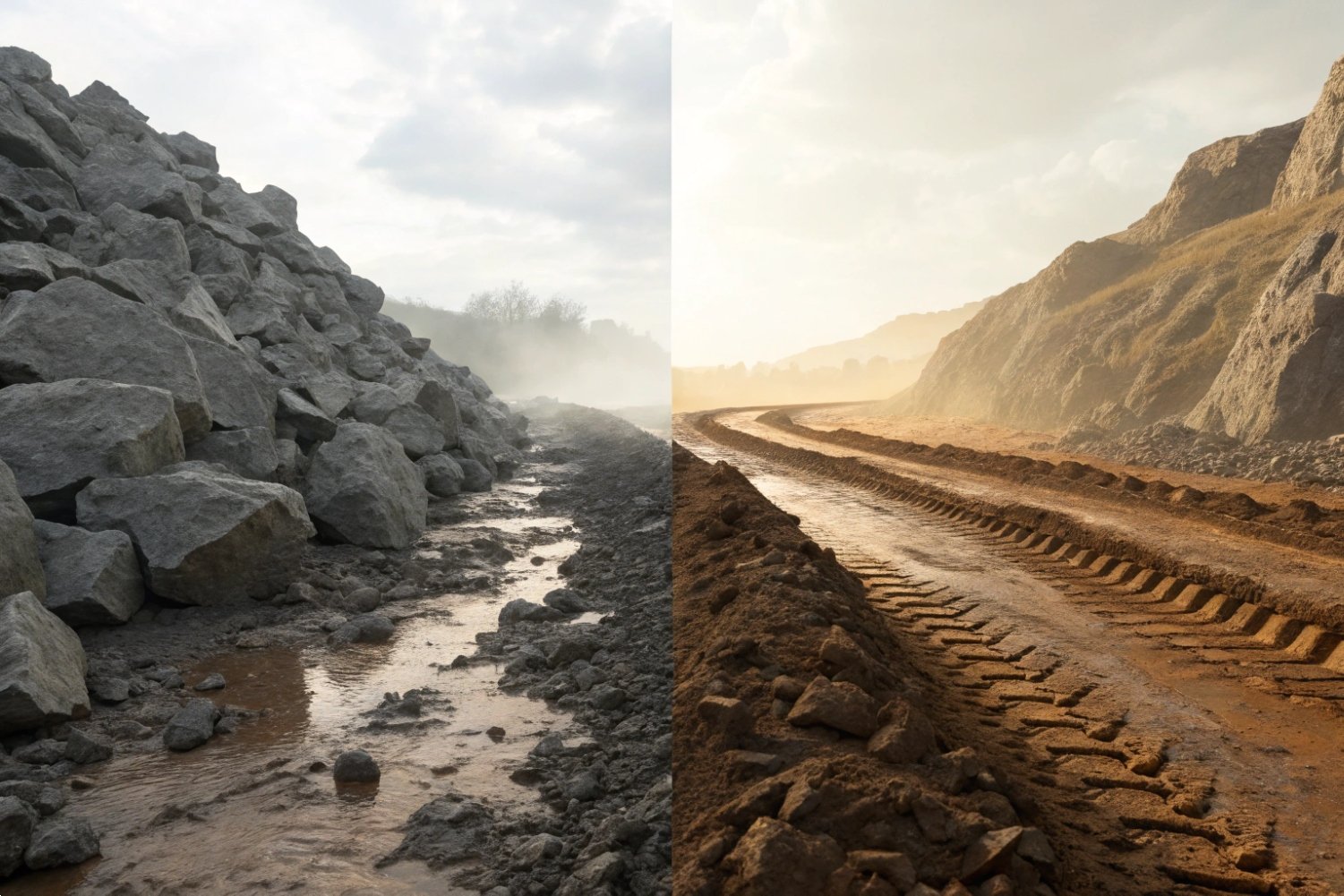 Excavation Site Terrain Comparison Split screen showing rocky excavation site vs. smooth dirt road with heavy tire treads