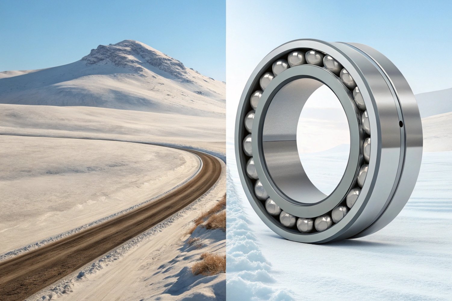 High Performance Ball Bearing Large steel ball bearing compared against a snow-covered mountain road background.