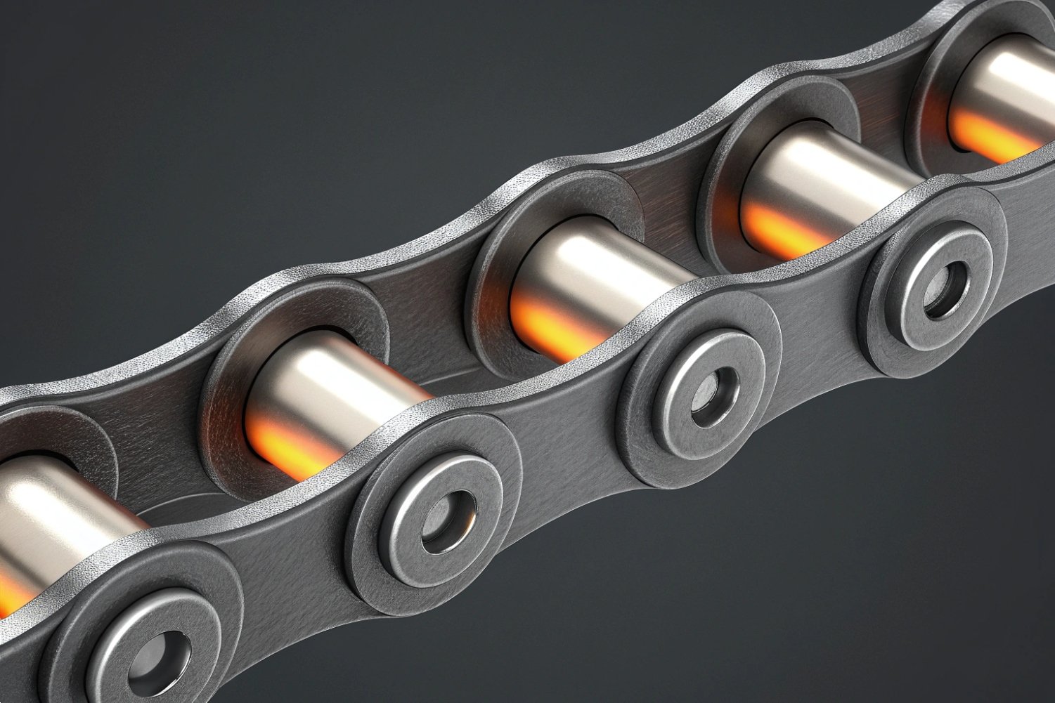 Precision Industrial Roller Chain Macro photography of a high-precision industrial steel roller chain for power transmission.