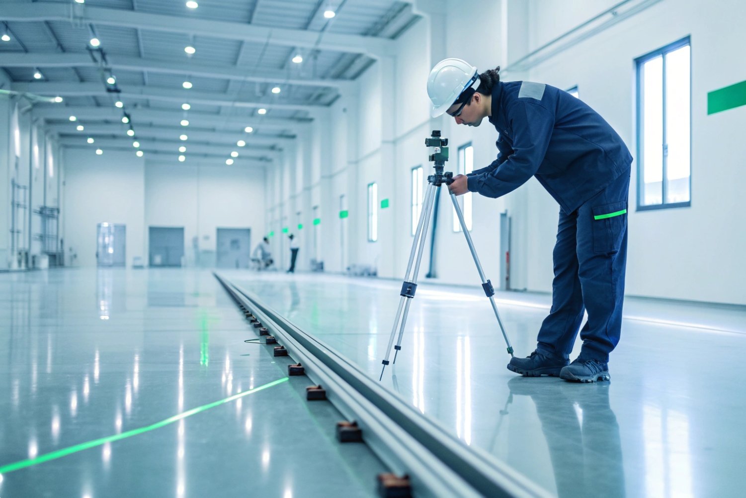 Precision Industrial Floor Inspection Quality inspector using precision laser leveling equipment in a bright industrial factory.
