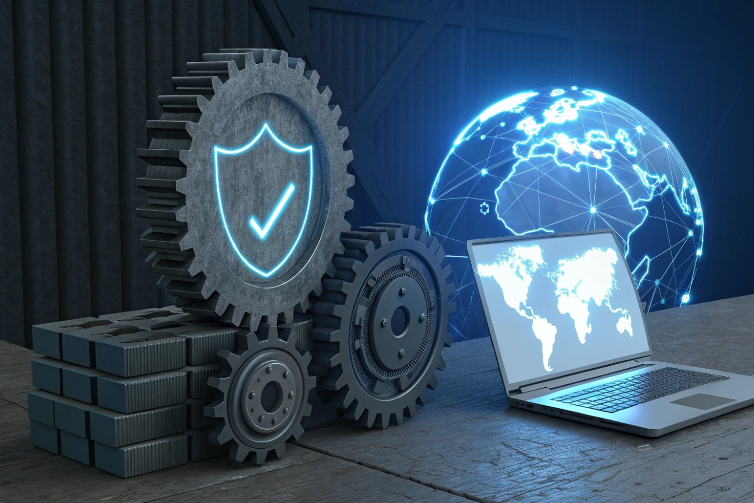 Cybersecure Industrial Automation Systems Industrial gears and laptop with global network graphics representing secure automated manufacturing.