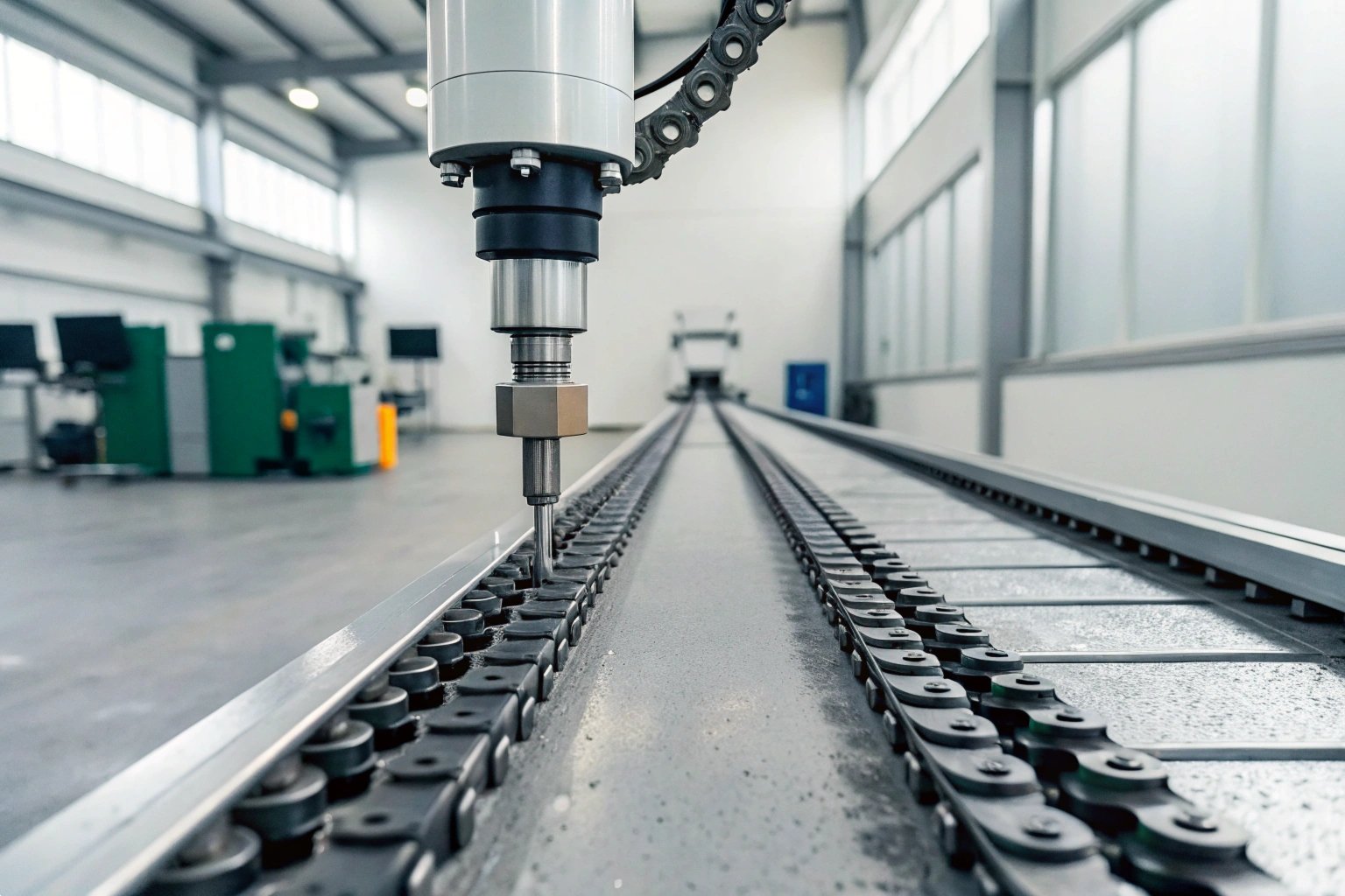 CMM 3D Coordinate Measurement Precision - Industrial photo of CMM inspecting track chain link with 3D CAD overlay for accuracy
