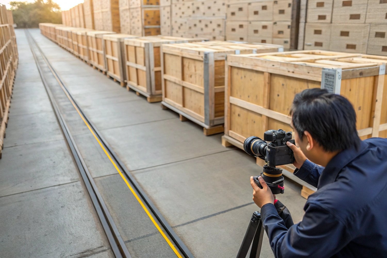 A photographer using a tripod to capture photos of large wooden export crates in a warehouse.