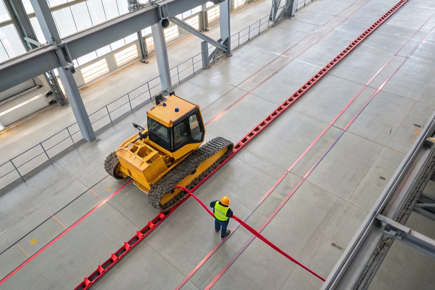 Industrial Machinery Factory Inspection Aerial view of a yellow bulldozer on a factory floor during industrial inspection and testing.