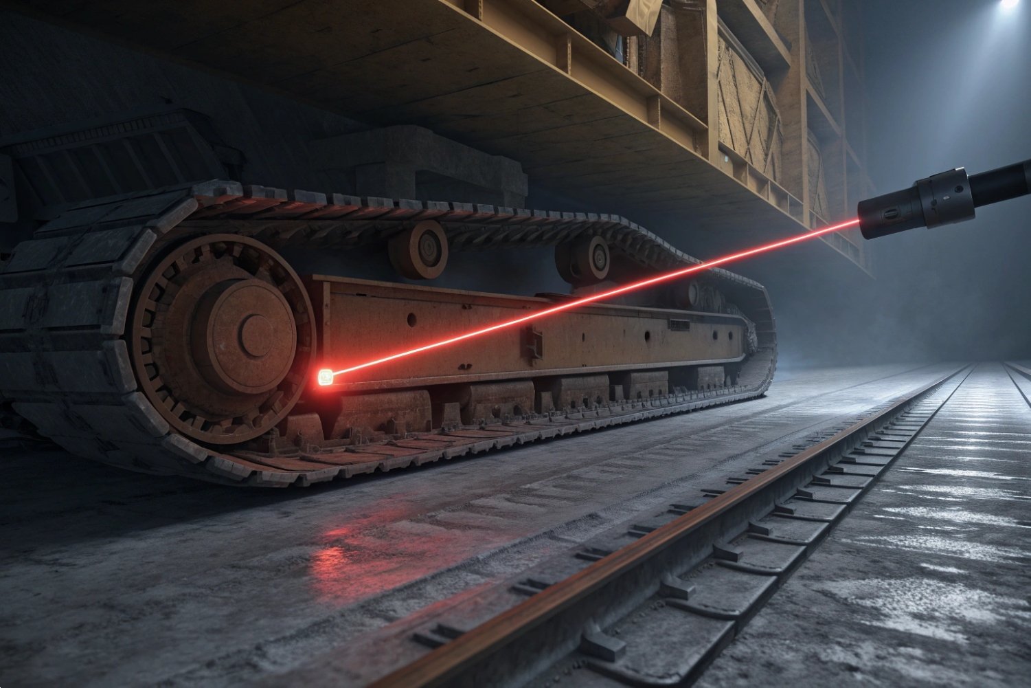 Red laser alignment tool measuring the precision of heavy industrial machinery tracks in a warehouse.