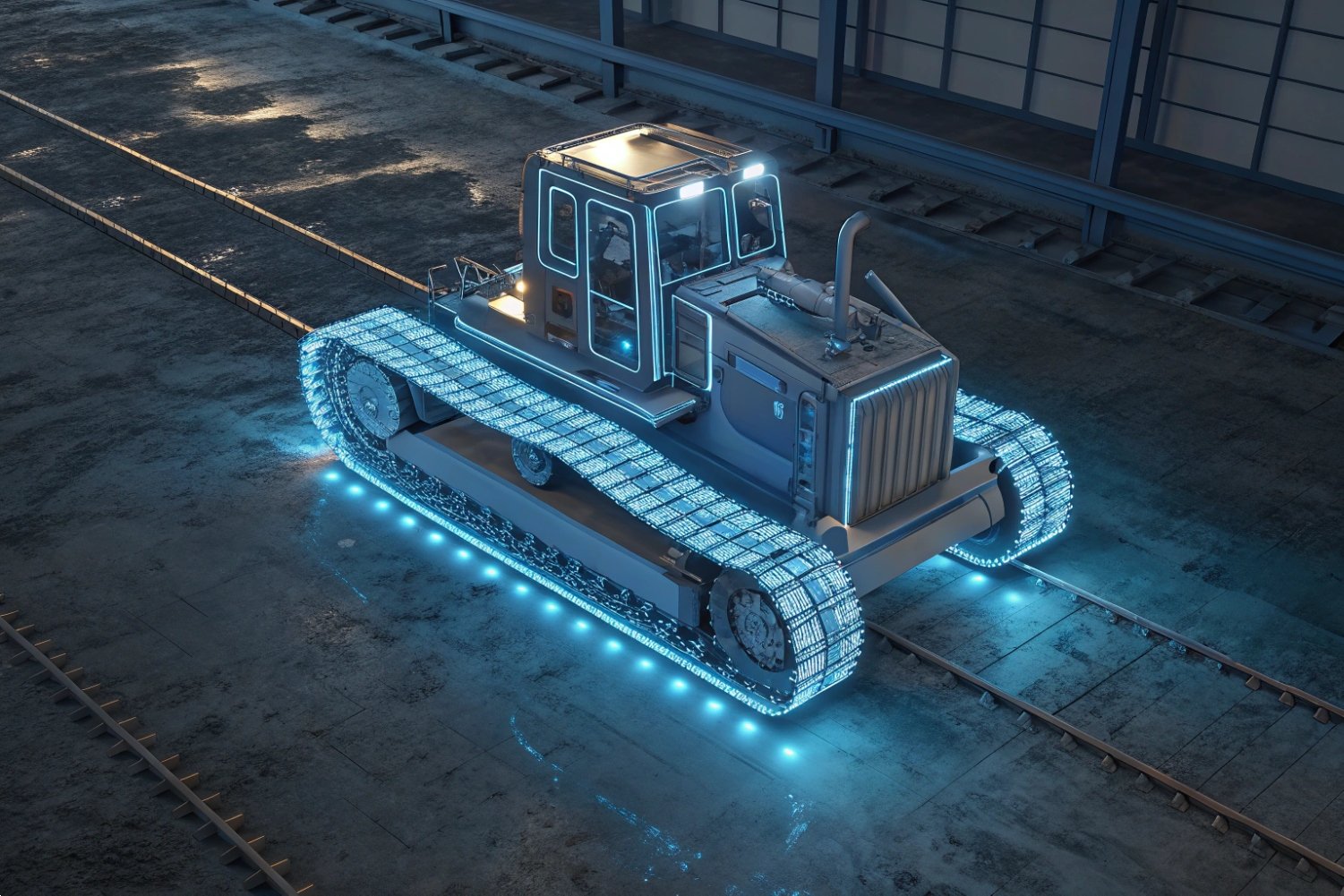 A futuristic 3D digital glowing wireframe overlay of a heavy-duty industrial bulldozer machine.