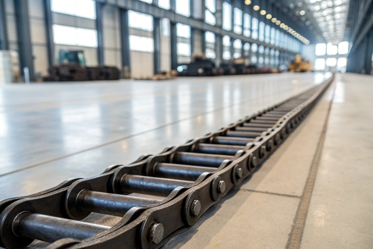 A long heavy-duty industrial conveyor chain laid out on a polished factory floor.