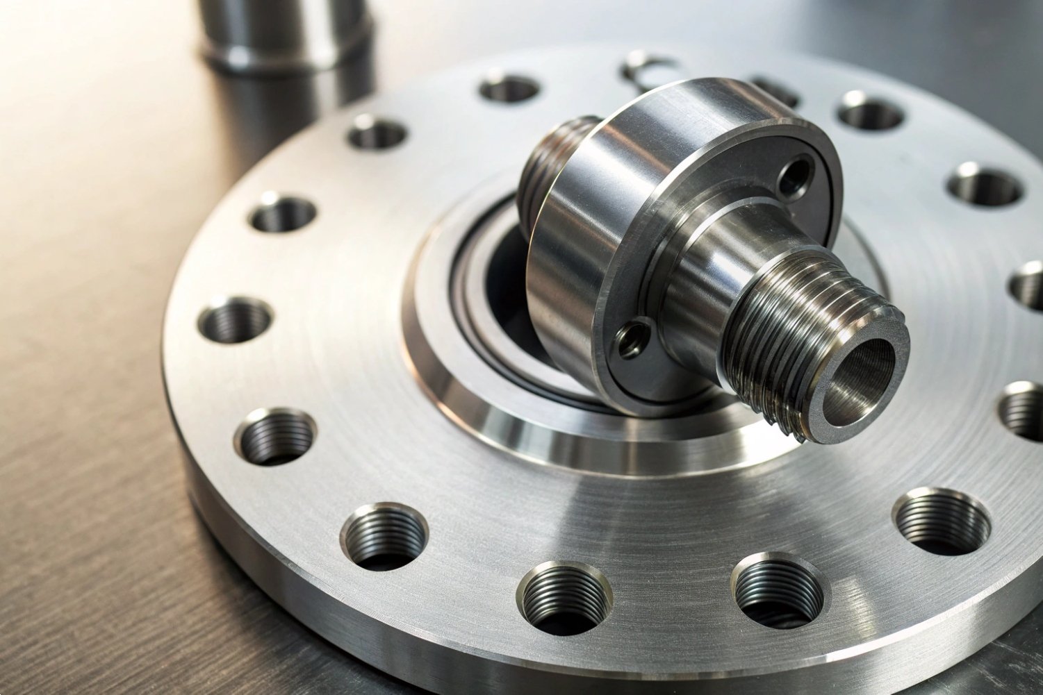 Close-up of a precision-engineered steel flange component with multiple bolt holes for industrial assembly.