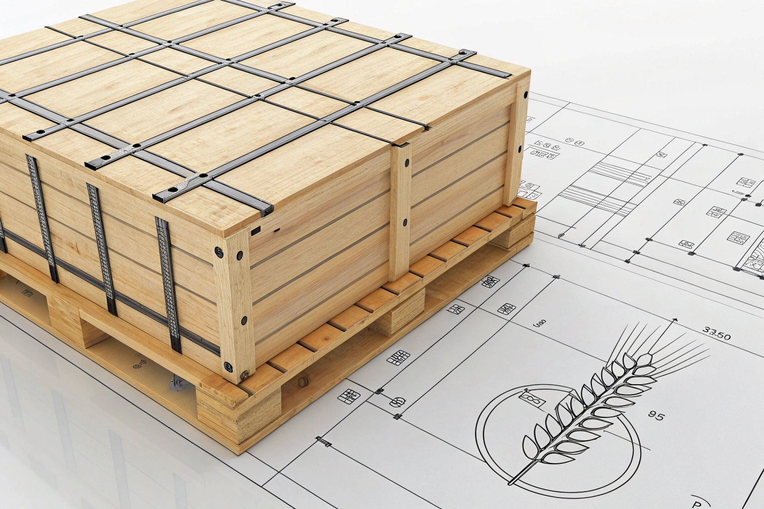 Fumigation Certificate & Compliance of Wooden Packaging - Technical drawing of ISPM15-stamped pallet with track rollers and certificate