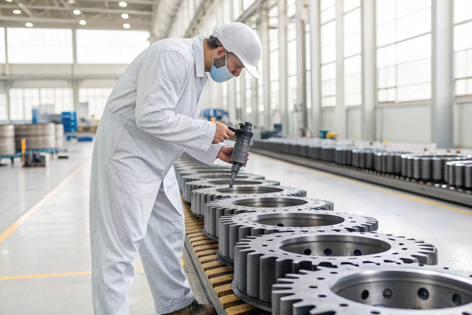 Precision Gear Quality Inspection Quality control technician in a clean factory environment inspecting large precision-engineered metal gears.