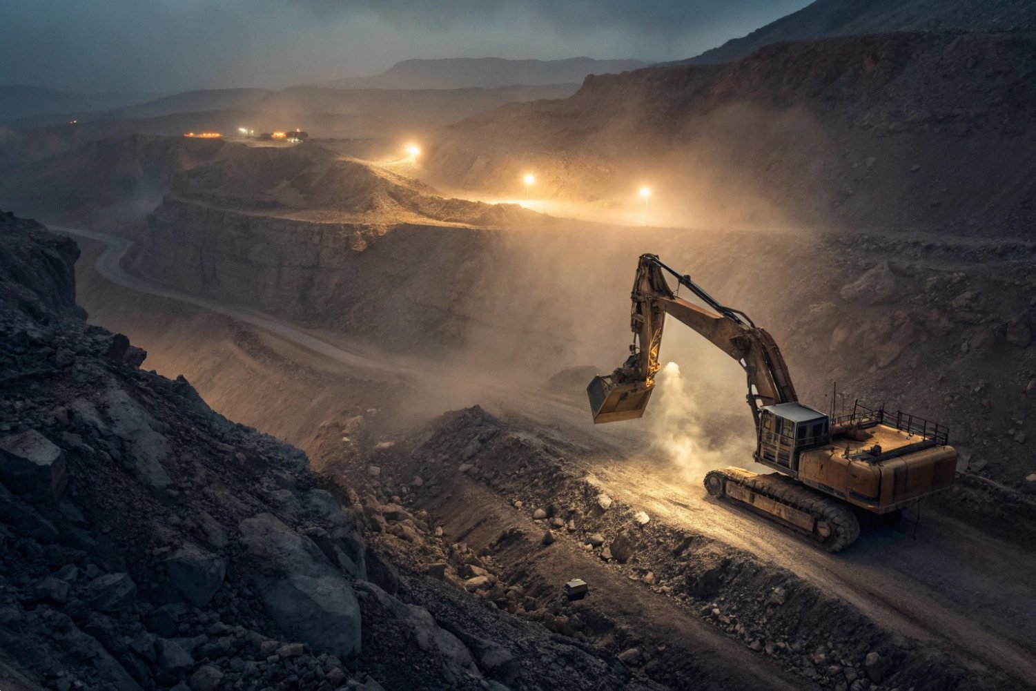 Large excavator working in a dusty open-pit mine at night with lights