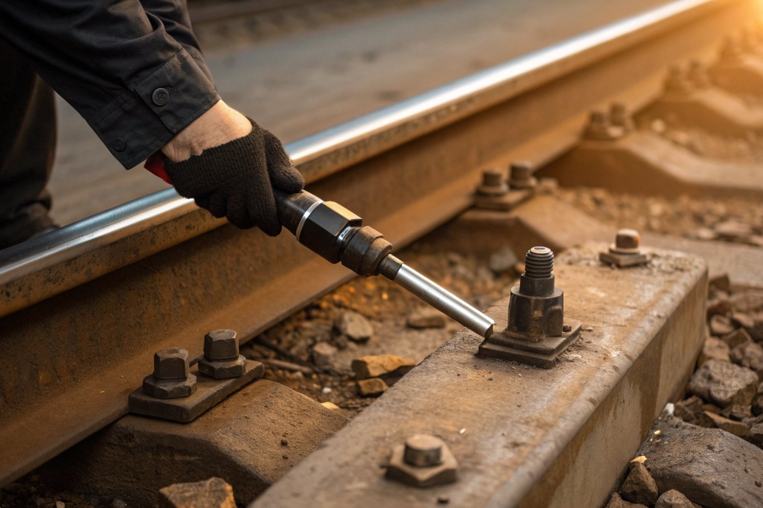 Maintenance worker using specialized tools to secure bolts on a railway track