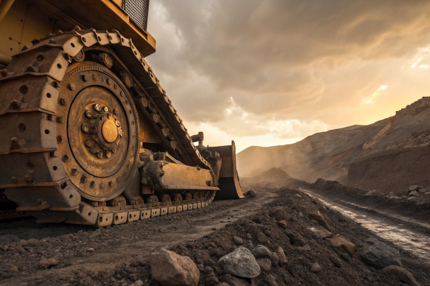 Yellow bulldozer tracks operating on an outdoor dirt construction site at sunset