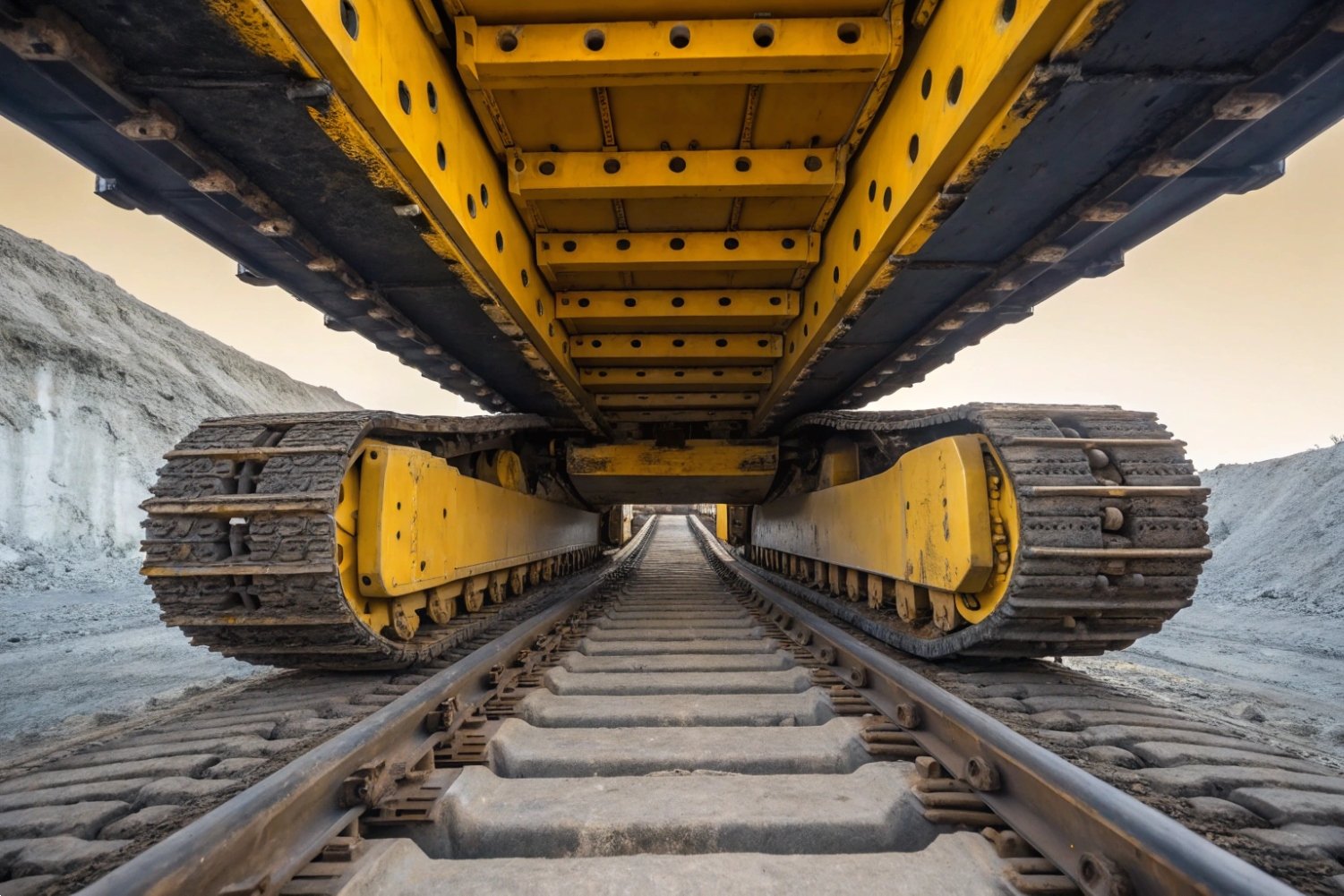 Maintenance worker securing bolts on a railway track using specialized industrial tools