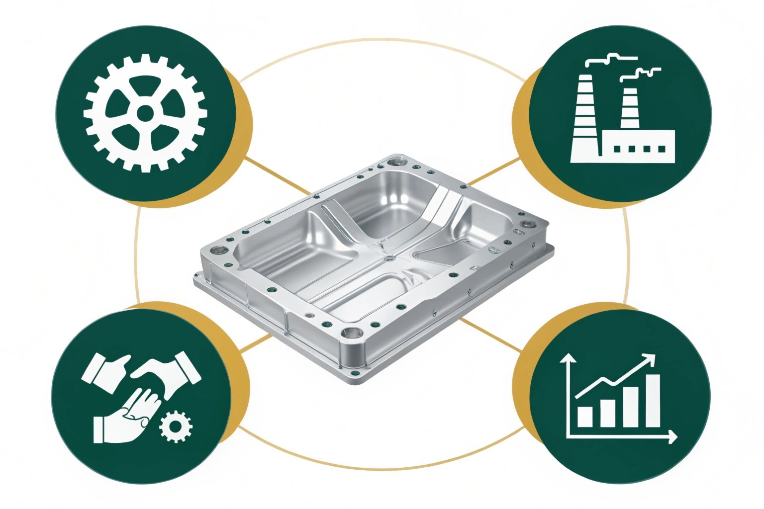 Metal mold casting connected with industrial icons for partnership, growth strategy, manufacturing process