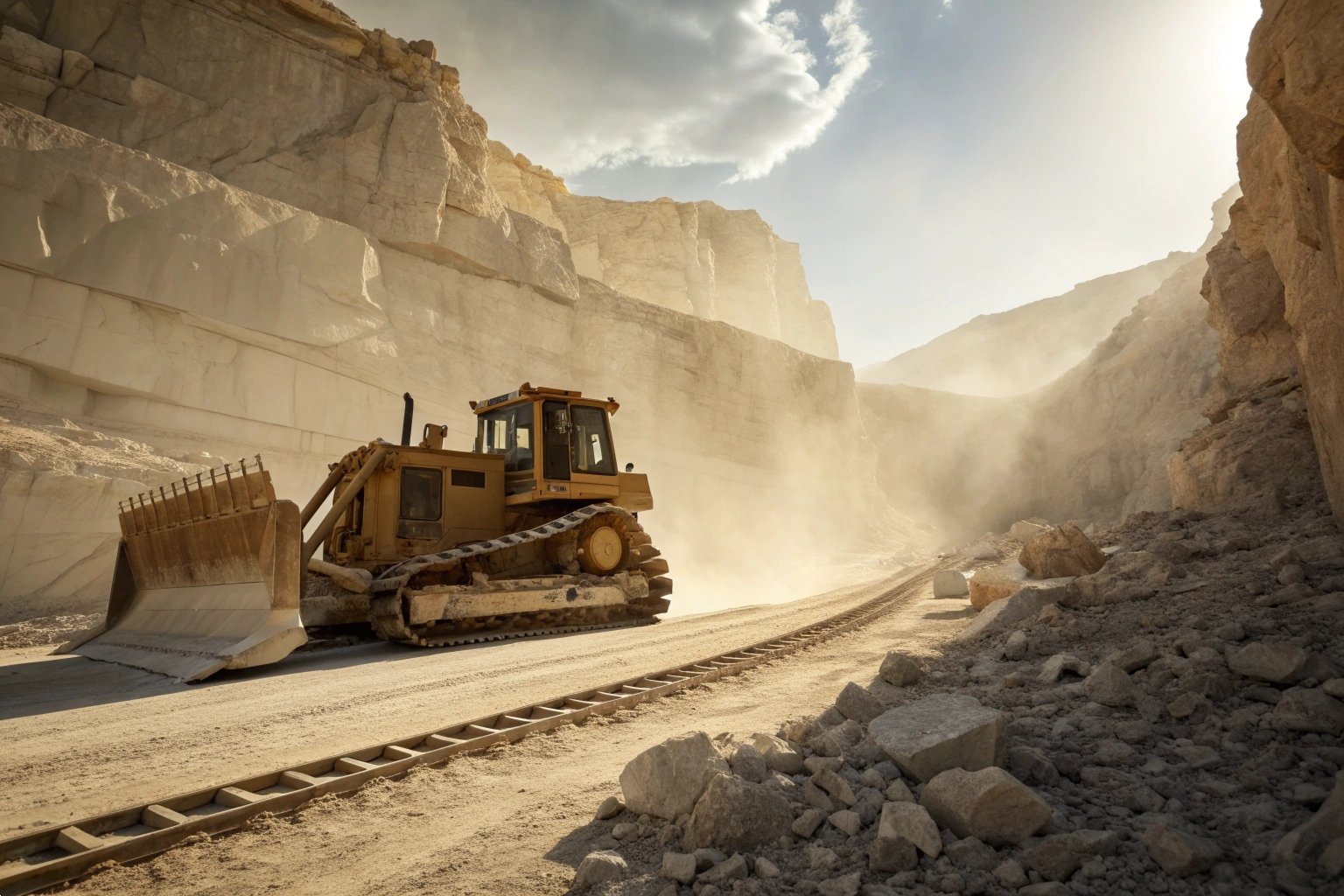 A powerful yellow bulldozer operating in a dusty stone quarry construction site.