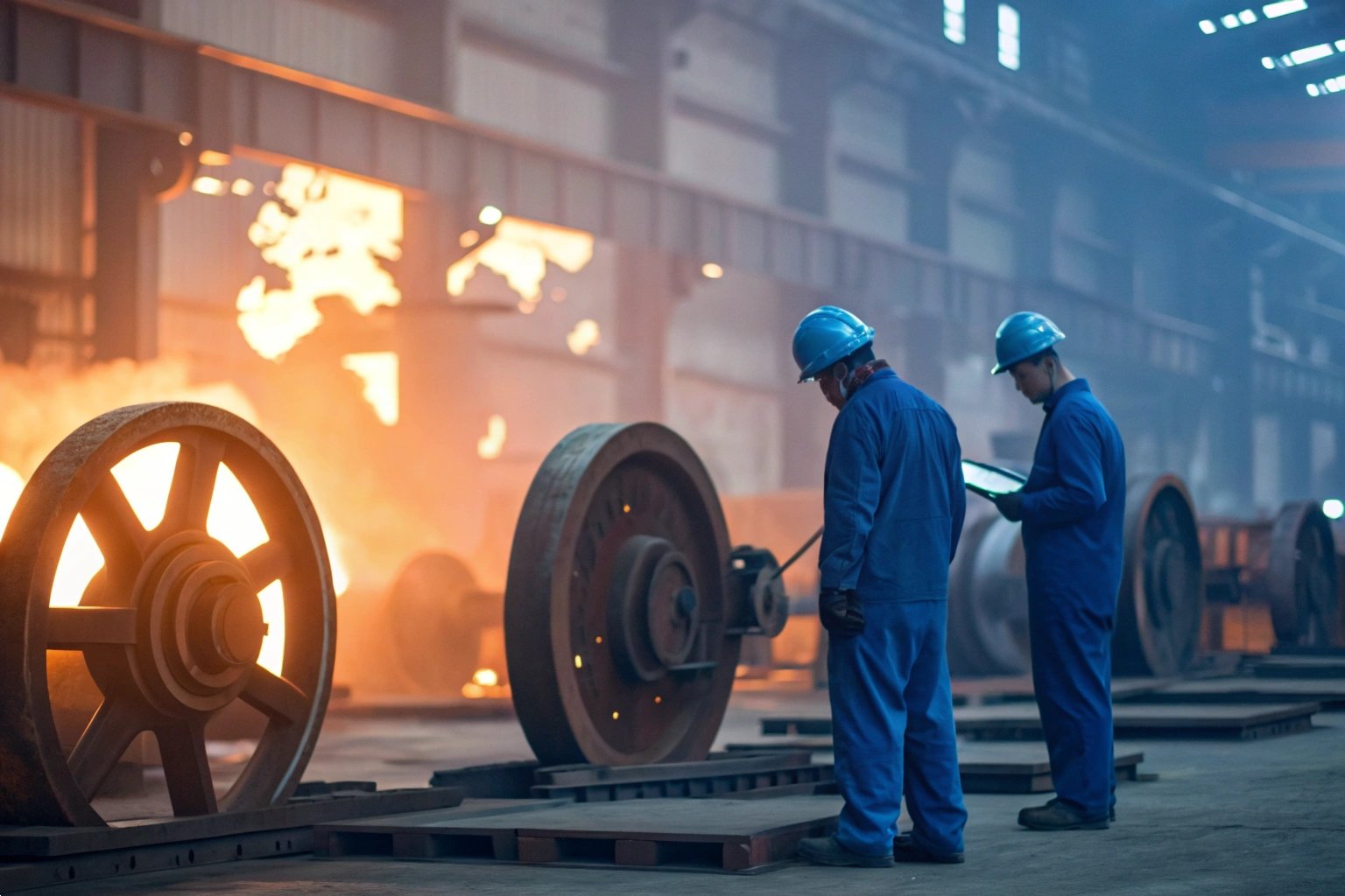 Industrial workers in blue uniforms monitoring large metal wheels in a high-heat manufacturing plant.