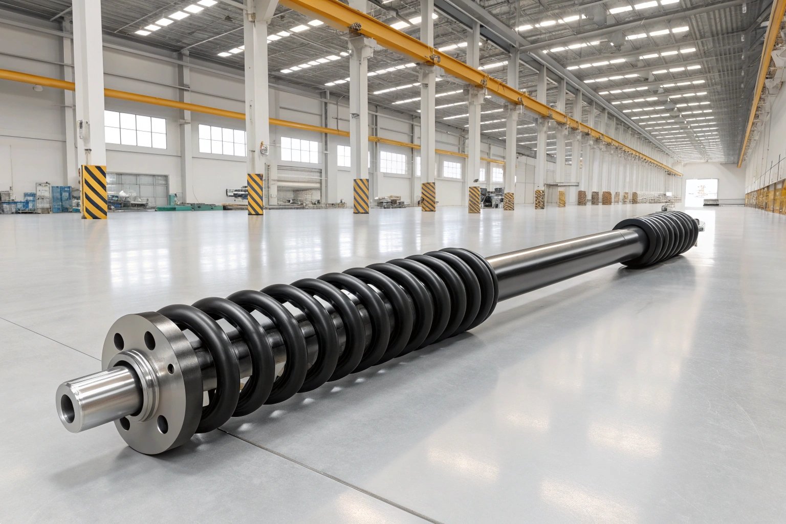 Long industrial hydraulic piston rod with heavy duty spring in factory.