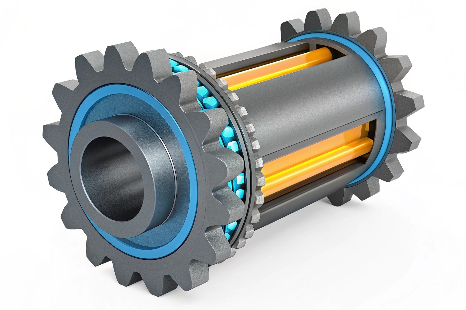 3D illustration of a gear-driven motor internal mechanism with glowing elements.