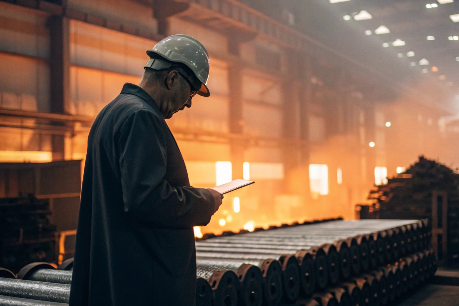 Industrial Engineer Wearing a Hard Hat Inspecting Bulldozer Undercarriage Machinery in a Steel Plant.