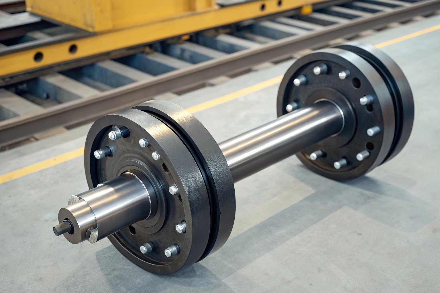Heavy duty steel railway axle with wheels in a maintenance workshop.