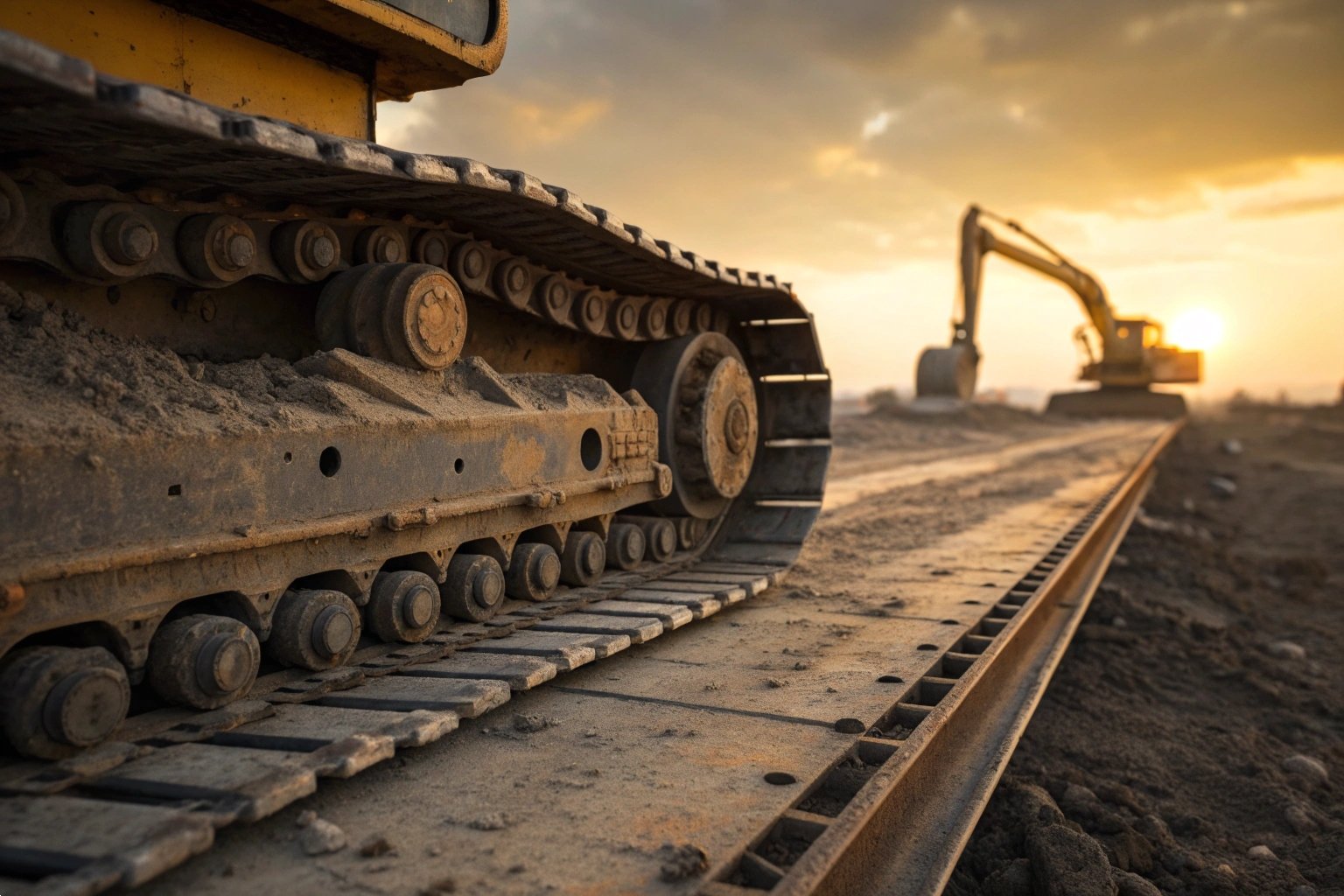 Detailed view of heavy excavator tracks on a construction site during sunset.