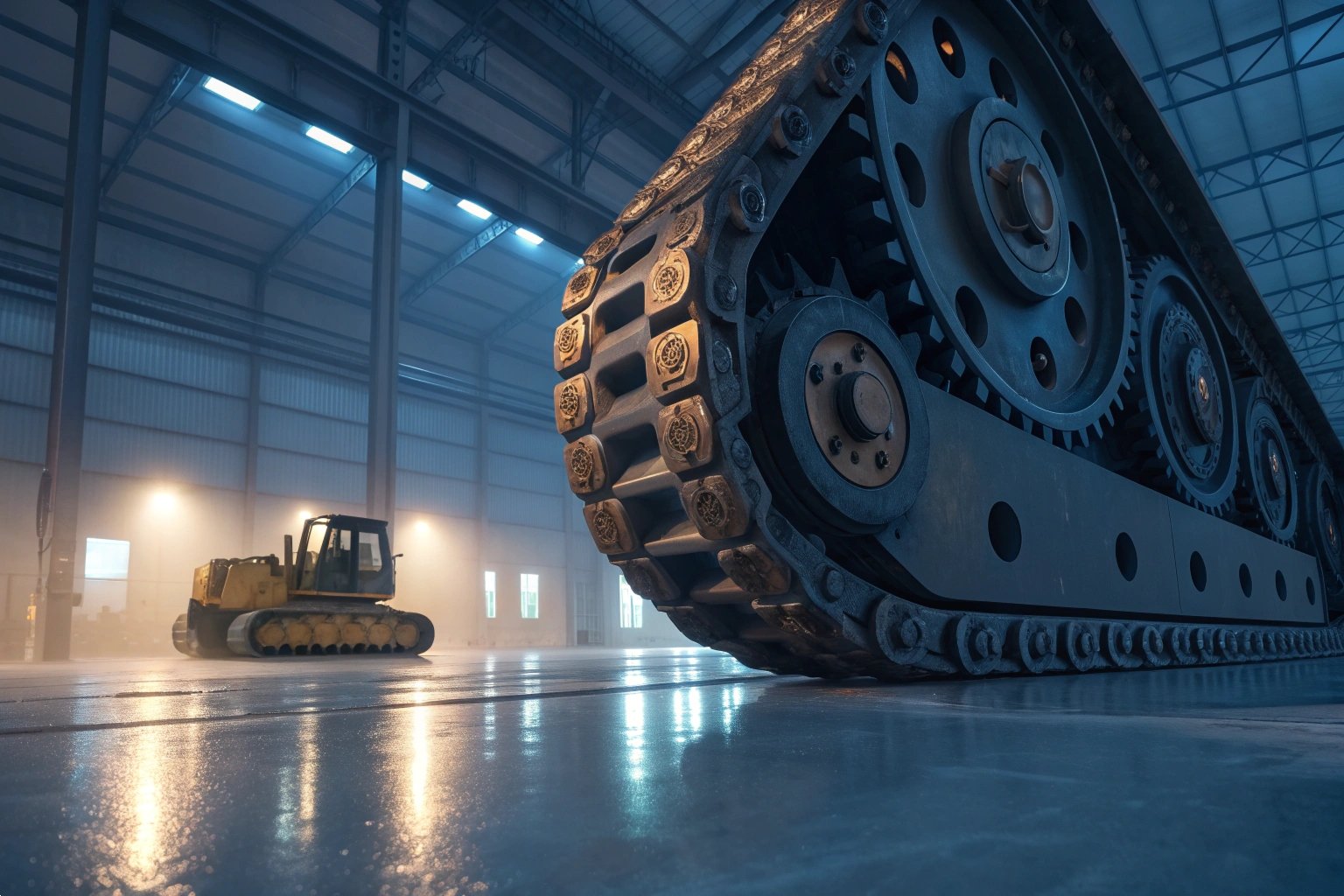 Heavy Duty Excavator Undercarriage Track System Close-up in Factory Warehouse