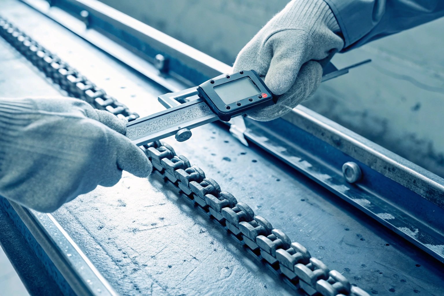 Close-up of a worker using digital calipers to measure industrial chain link precision.