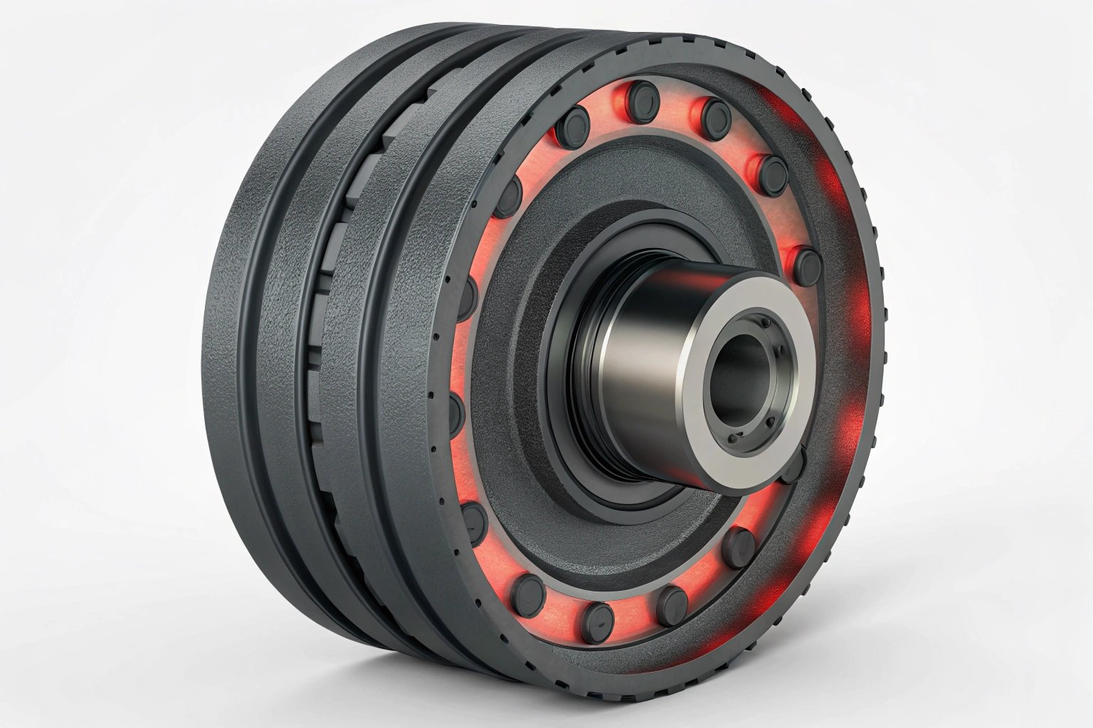 3D rendering of a heavy-duty industrial idler wheel with red internal lighting.