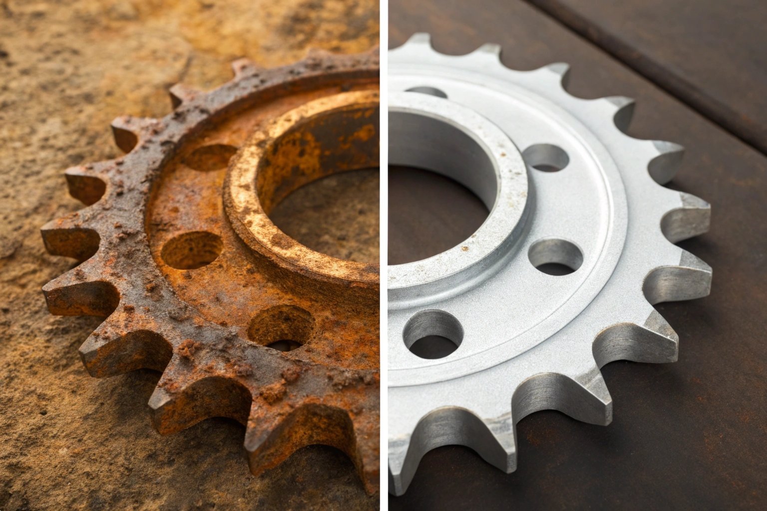 Side-by-side comparison of a rusted metal sprocket and a clean, refurbished sprocket.