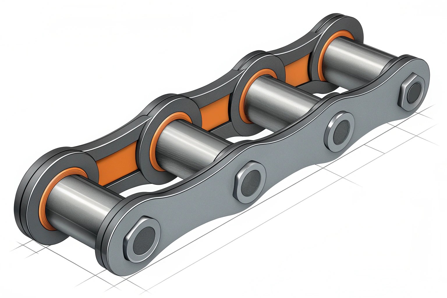 Technical illustration of a high-strength industrial roller chain link with orange bushings.
