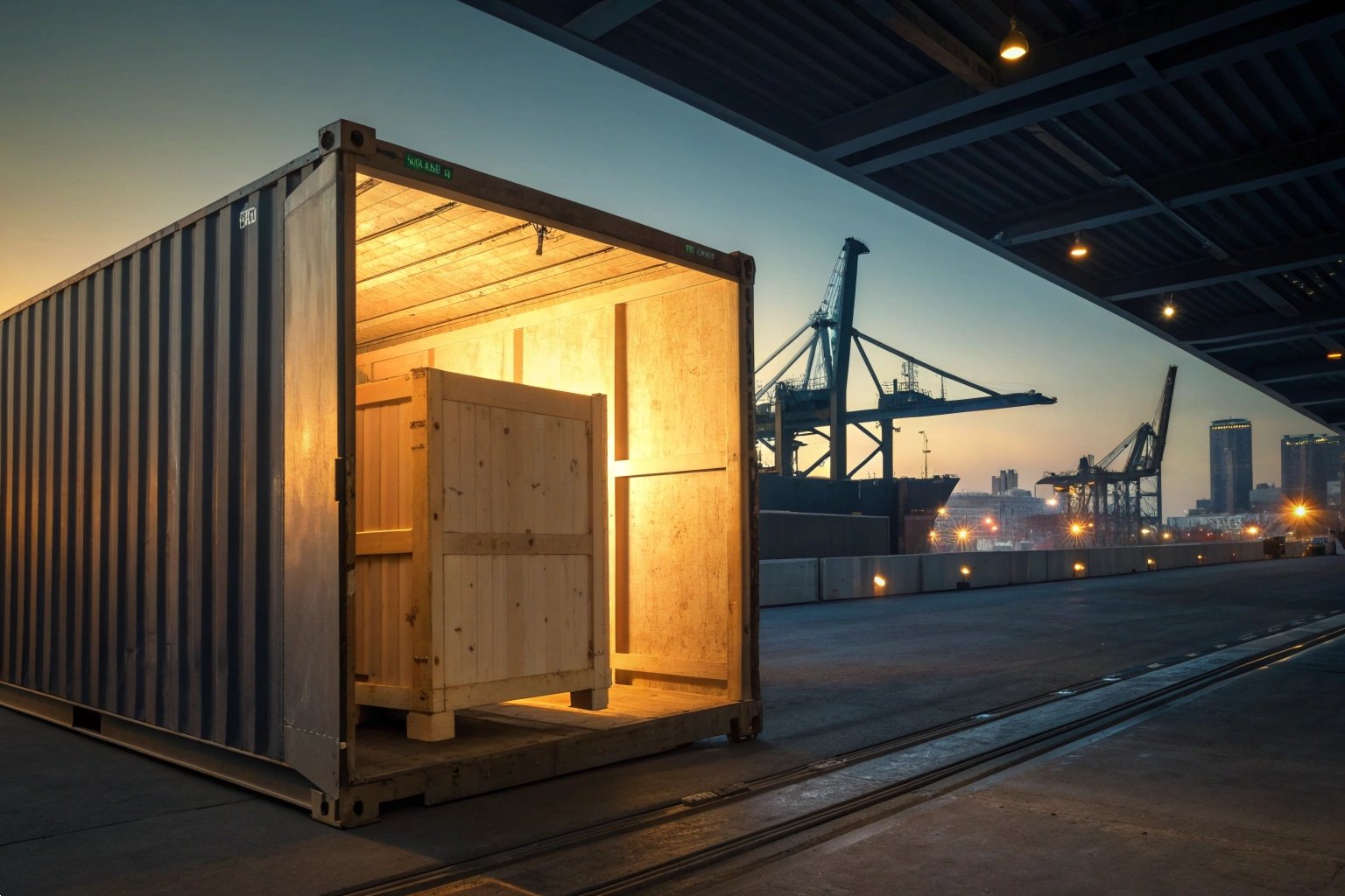 Wooden Shipping Crates for Excavator Undercarriage Parts in Cargo Container at Port